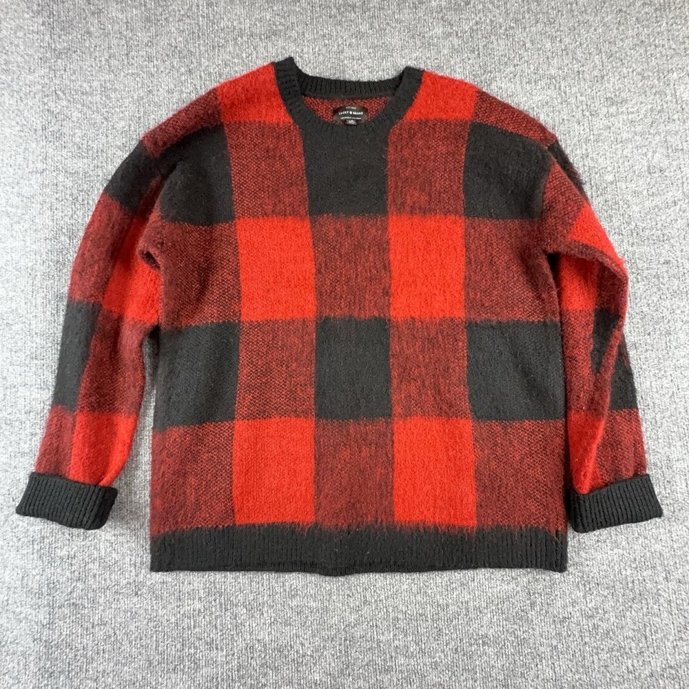 Lucky Brand Sweater Mens Large Red Black Plaid Fuzzy Knit Crewneck Pullover